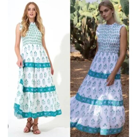 Oliphant Smocked Sleeveless Maxi Midi Dress Indica Blue Tuckernuck Block Print - Picture 1 of 7